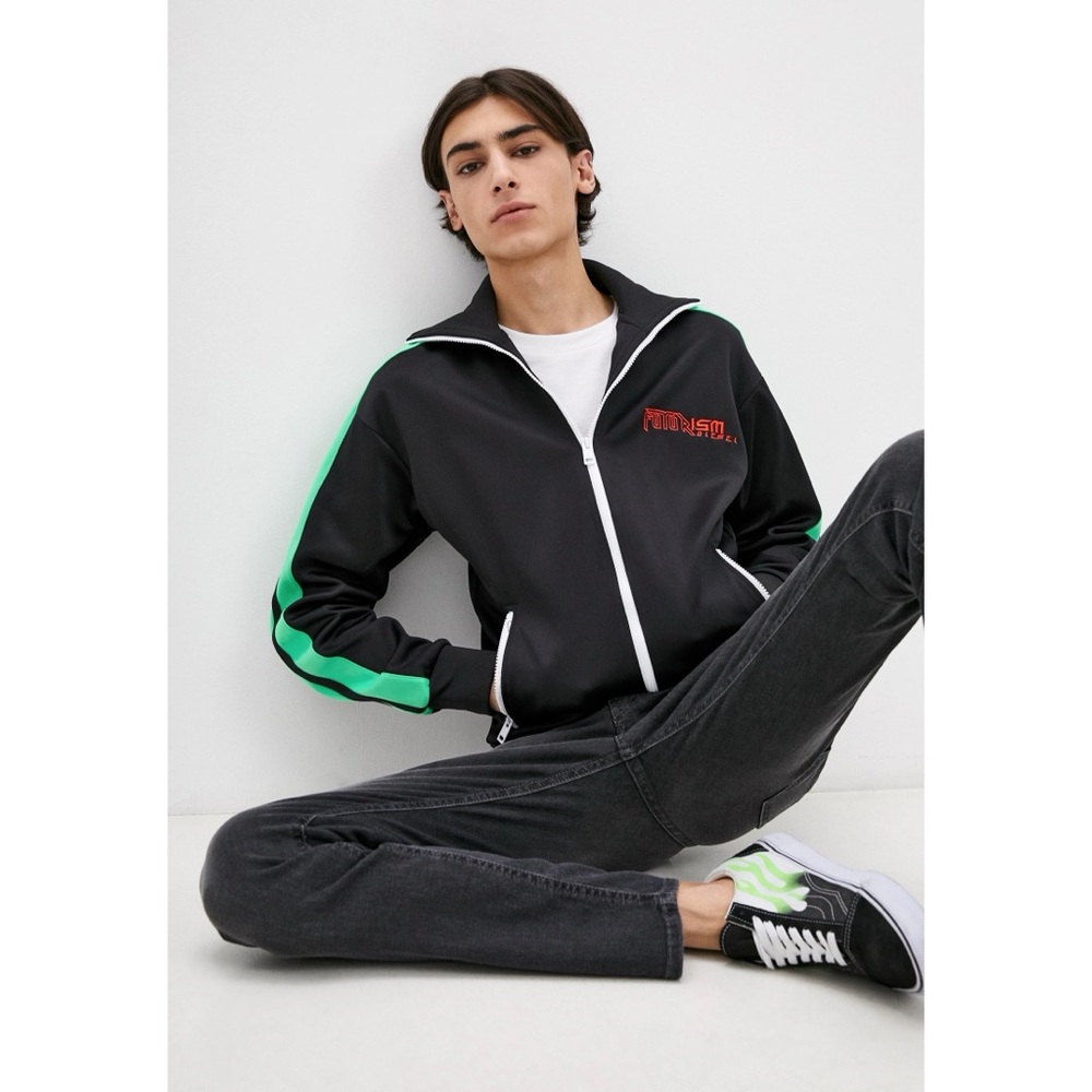 Diesel Track Jacket Mens XL S-Hisoka Black Green Racing Stripe Futurism Zip